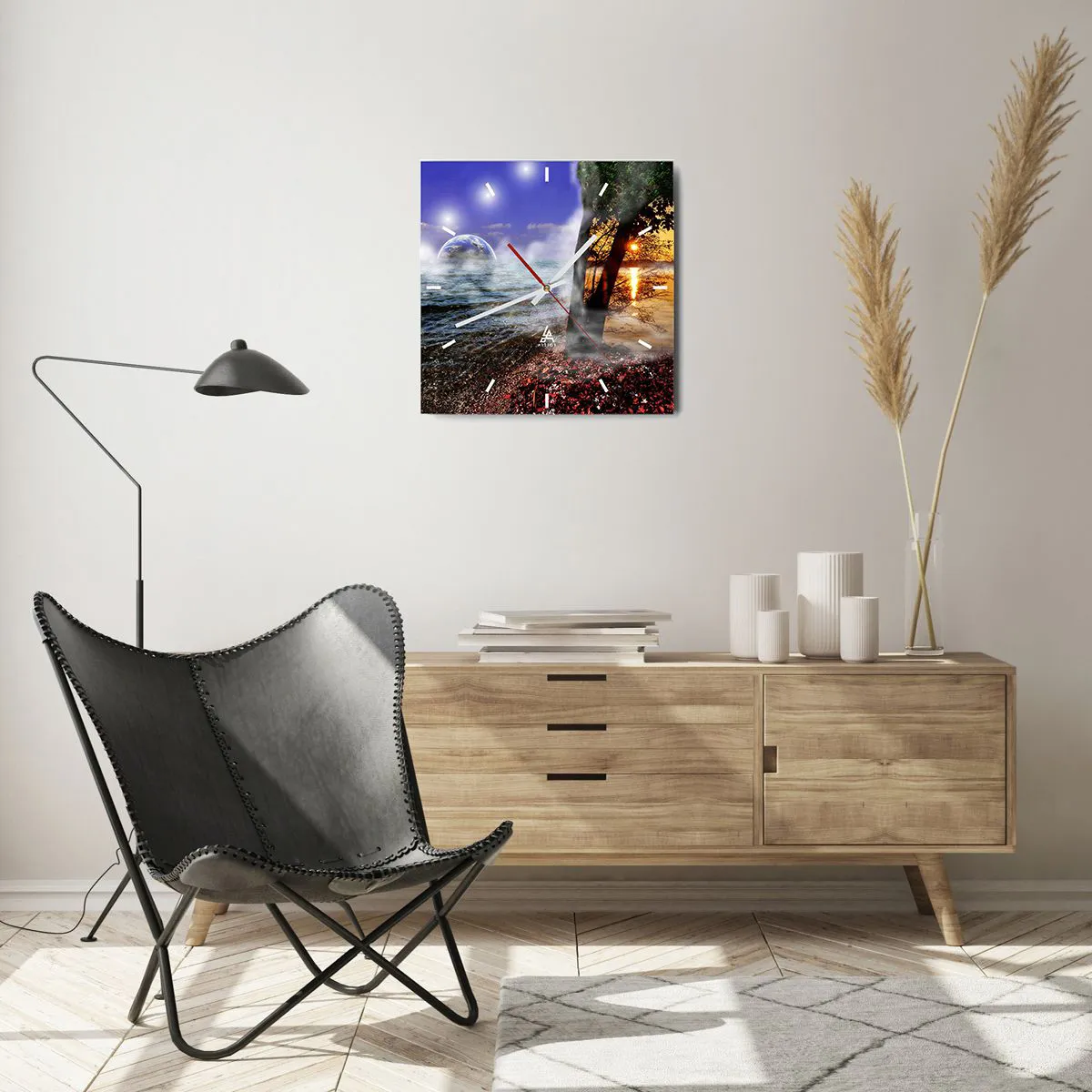 Väggklocka - Klocka på glas - Surrealistiskt landskap - naturens enighet - 40x40 cm