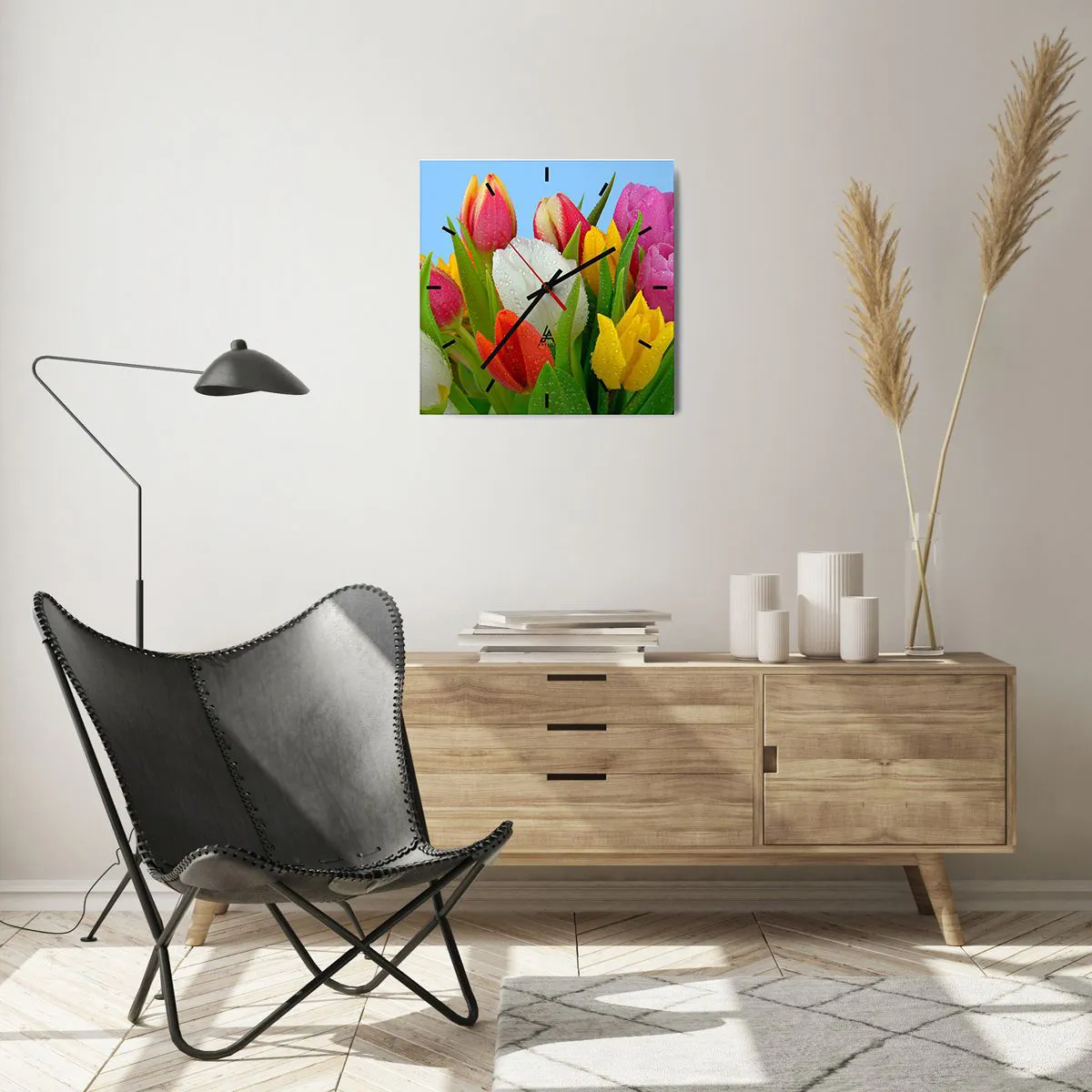 Wall clock - Clock on glass - Floral Rainbow in Dew Drops - 40x40 cm