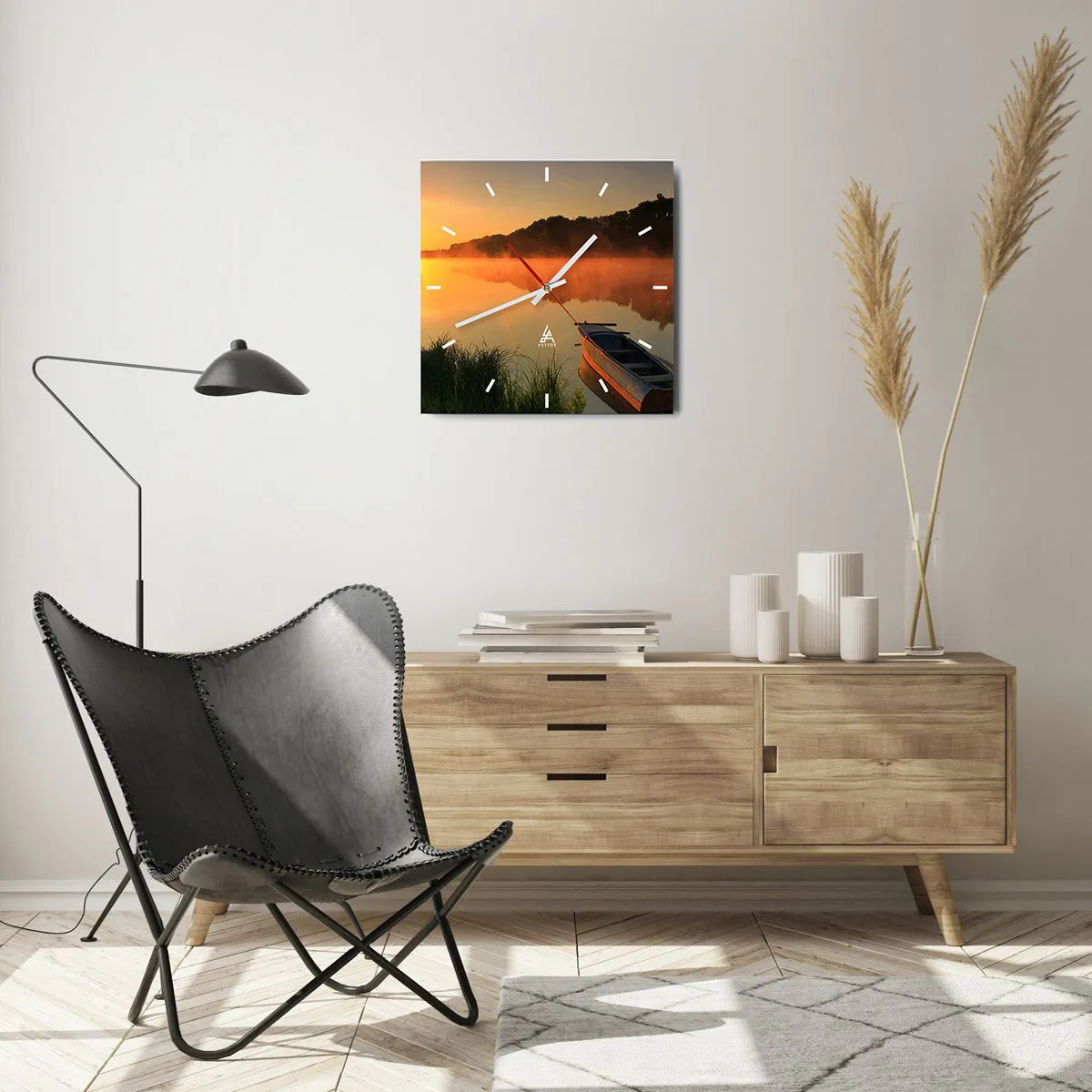 Relógio de parede - Relógio em vidro - Nascer do sol sobre a água como um espelho - 40x40 cm