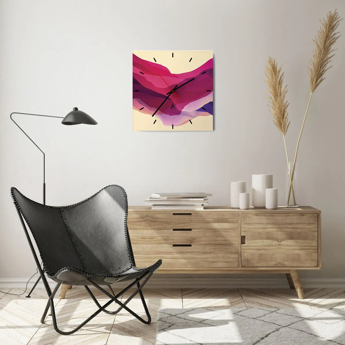 Ceas de perete - Ceas pe sticlă - Valuri de violet - 40x40 cm