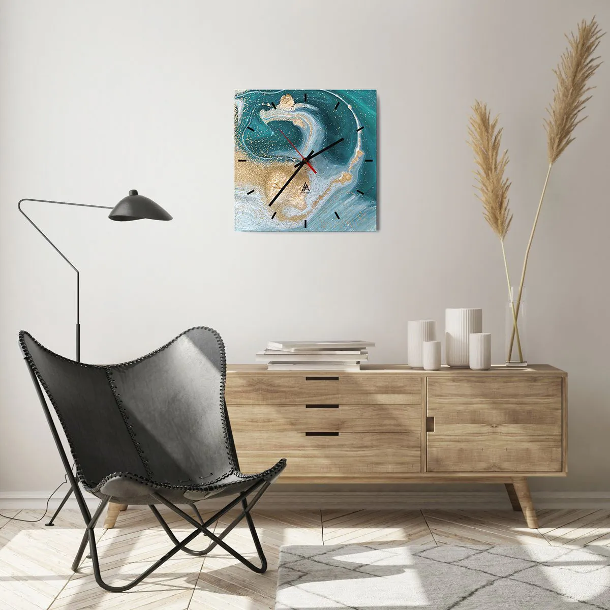 Relógio de parede - Relógio em vidro - Um vórtice de ouro e turquesa - 40x40 cm