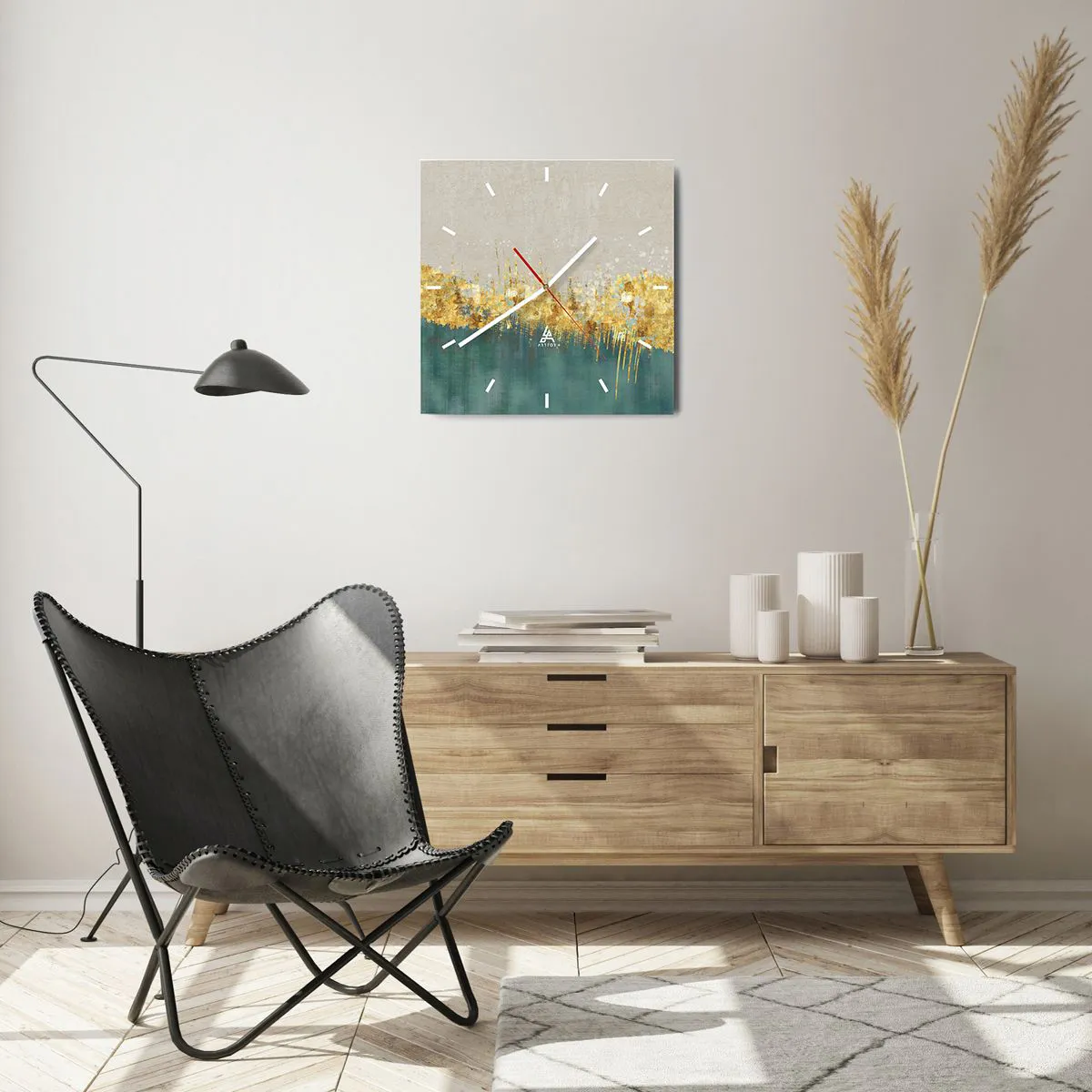 Wall clock - Clock on glass - Golden Border - 40x40 cm