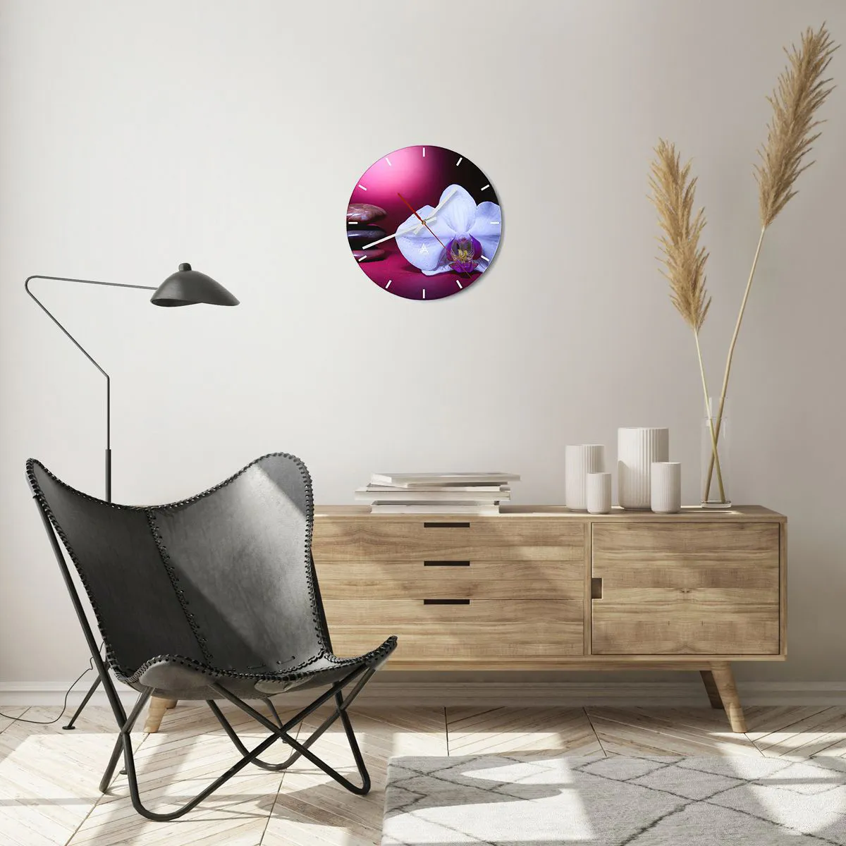 Wall clock - Clock on glass - A white orchid against a background of stones and purple - 30x30cm - Study of Freshness in Purple - Modern wall decoration for the living room, kitchen, and bedroom ARTTOR
