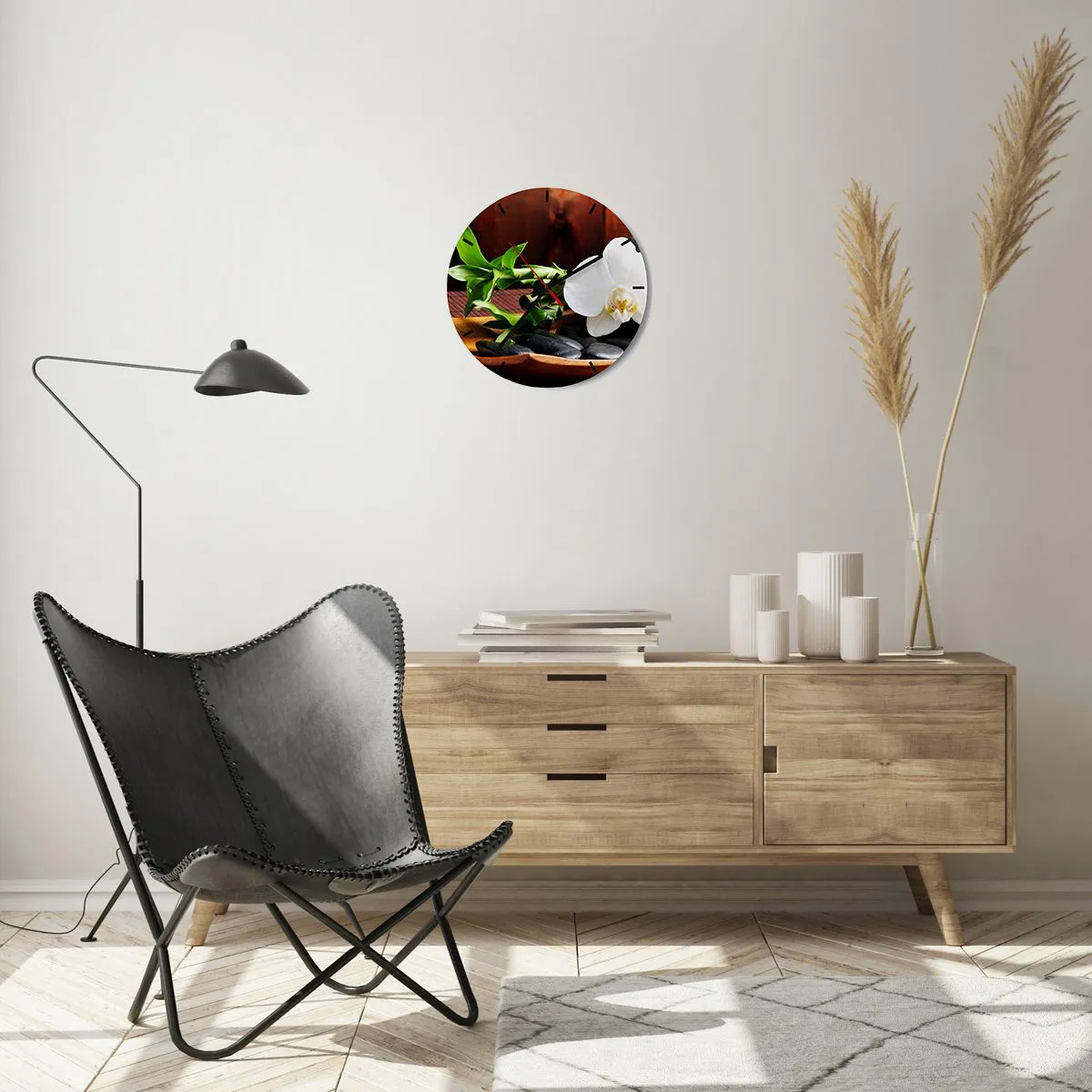 Zegar ścienny - Biała orchidea z bambusem i kamieniami - 30x30cm - Poddaj się dotykowi natury - Nowoczesna dekoracja ścienna do salonu, kuchni i sypialni ARTTOR