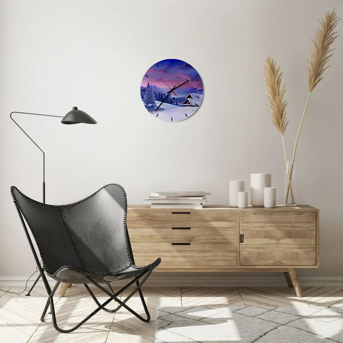 Ceas de perete - Ceas pe sticlă - Peisaj de iarnă cu o cabană în munți la apus - 30x30cm - Noapte liniștită - Decorațiune modernă pentru perete pentru living, bucătărie și dormitor ARTTOR