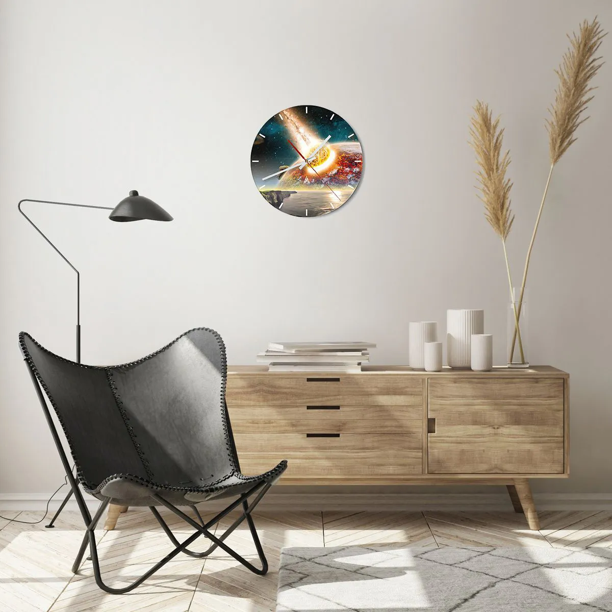 Ceas de perete - Ceas pe sticlă - Coliziunea unui asteroid cu Pământul în fundalul cosmic - 30x30cm - Drama spațială - Decorațiune modernă pentru perete pentru living, bucătărie și dormitor ARTTOR