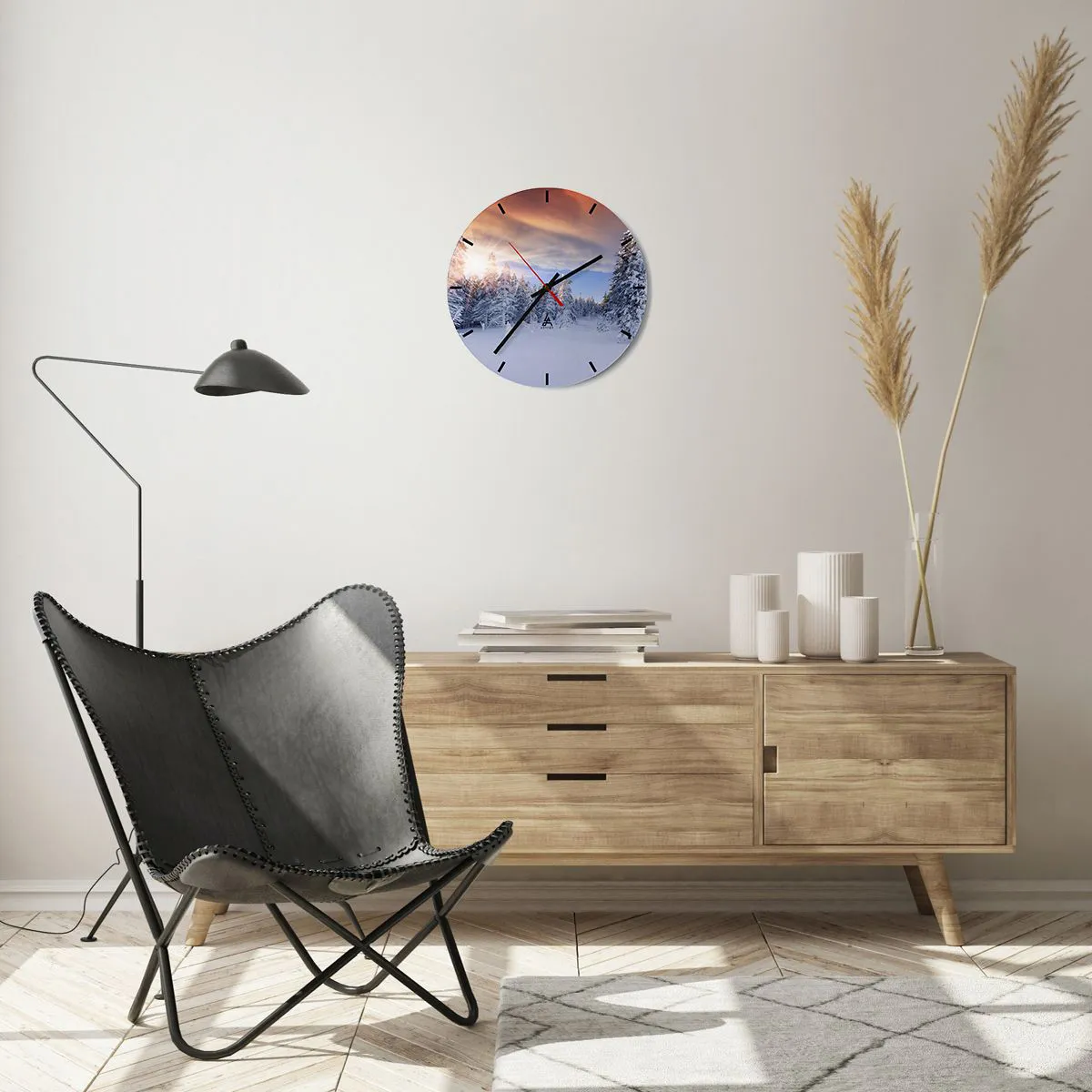 Wall clock - Clock on glass - Winter landscape with snow-covered trees and the setting sun - 30x30cm - Snowy Spectacle of Nature - Modern wall decoration for the living room, kitchen, and bedroom ARTTOR