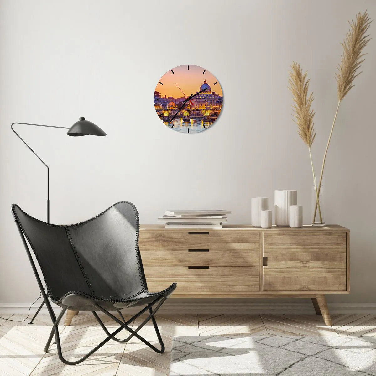 Reloj de pared - Reloj de vidrio - Panorama de Roma con la Basílica de San Pedro al atardecer - 30x30cm - Crepúsculo sobre la Ciudad Eterna - Decoración de pared moderna para salón, cocina y dormitorio ARTTOR