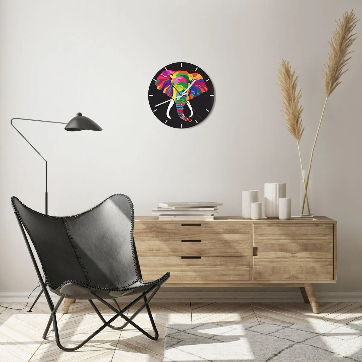 Wall clock - Clock on glass - Colorful elephant on a black background - 30x30cm - Elephant That Enjoyed Rainbow Bath - Modern wall decoration for the living room, kitchen, and bedroom ARTTOR