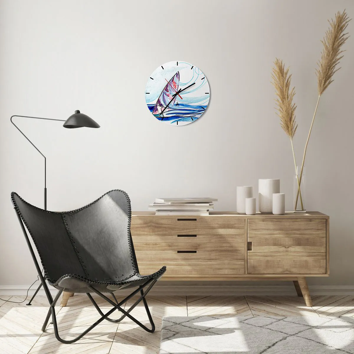 Horloge murale - Pendule murale - Un voilier sur une mer agitée dans une forme dynamique et abstraite - 30x30cm - Avec le vent au rythme des vagues - Décoration murale moderne pour le salon, la cuisine et la chambre ARTTOR