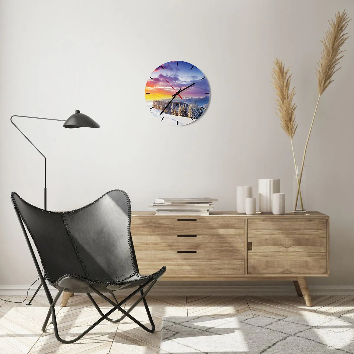 Wall clock - Clock on glass - Clock face with a winter landscape and the setting sun - 30x30cm - In Plain Daylight - Modern wall decoration for the living room, kitchen, and bedroom ARTTOR
