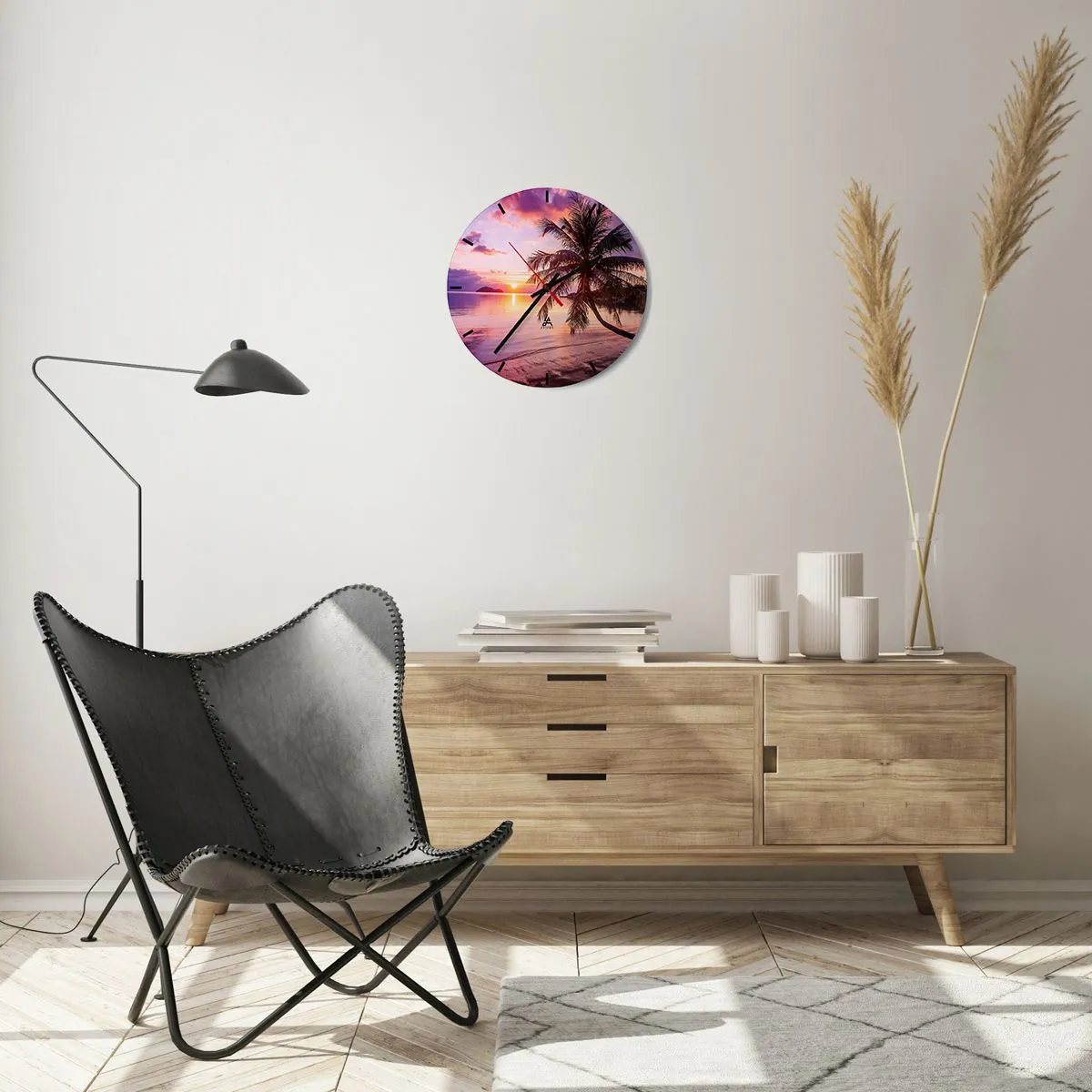 Ceas de perete - Ceas pe sticlă - Palmier pe malul mării la apus - 30x30cm - Euforie până la orizont - Decorațiune modernă pentru perete pentru living, bucătărie și dormitor ARTTOR