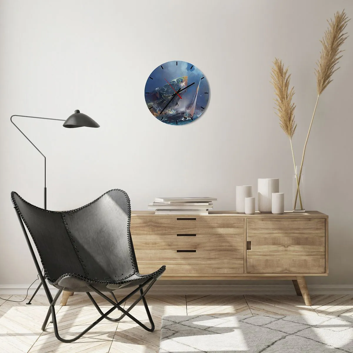 Horloge murale - Pendule murale - Un yacht dans une mer agitée près des rochers dans un style abstrait. - 30x30cm - Celui qui est courageux, gagne - Décoration murale moderne pour le salon, la cuisine et la chambre ARTTOR