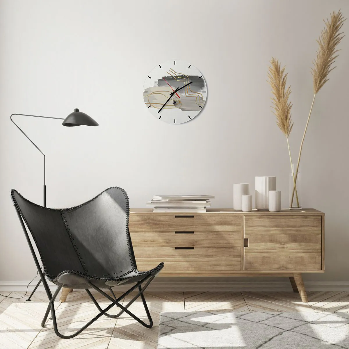 Wanduhr - Glasuhr - Abstrakte Komposition mit grauen und goldenen Linien - 30x30cm - Dauer und Bewegung - Moderne Wanddekoration für Wohnzimmer, Küche und Schlafzimmer ARTTOR