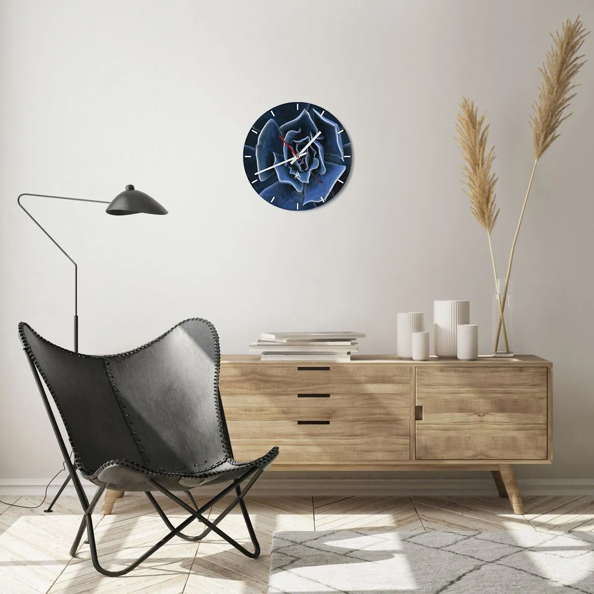Wall clock - Clock on glass - Close-up of a succulent with navy blue leaves - 30x30cm - Flower of the Desert - Modern wall decoration for the living room, kitchen, and bedroom ARTTOR