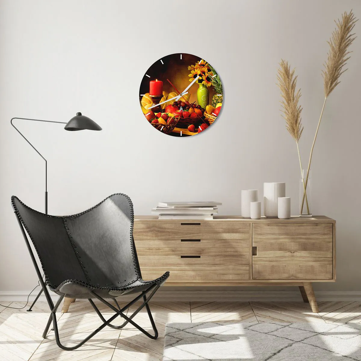 Wanduhr - Glasuhr - Stillleben mit Brot und Obst - 40x40 cm