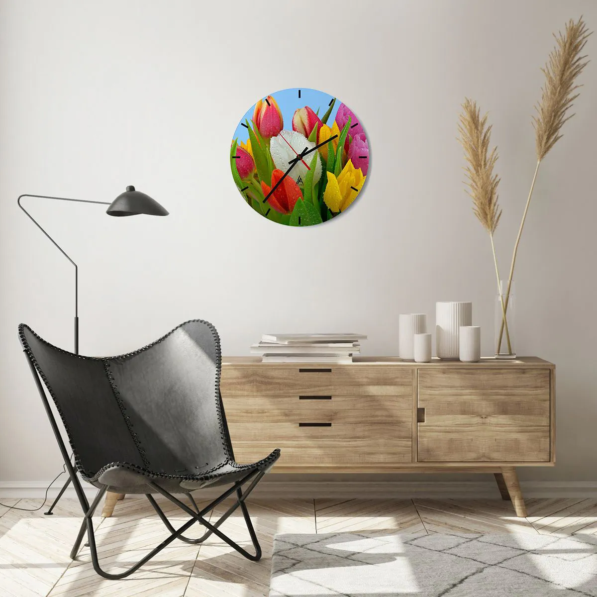 Wanduhr - Glasuhr - Ein blumiger Regenbogen in Tautropfen - 40x40 cm