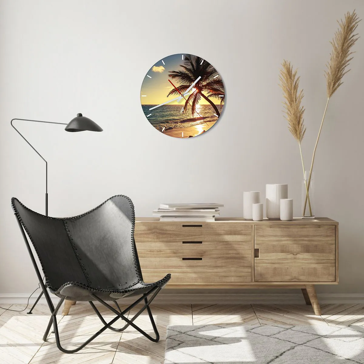 Väggklocka - Klocka på glas - Sommar under palmträden - 40x40 cm