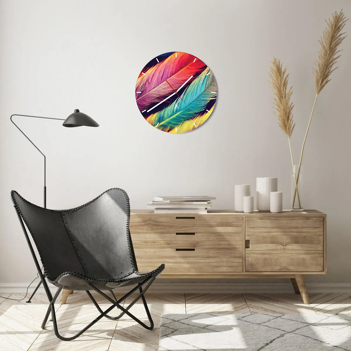 Wanduhr - Glasuhr - Gefiederter Regenbogen - 40x40 cm