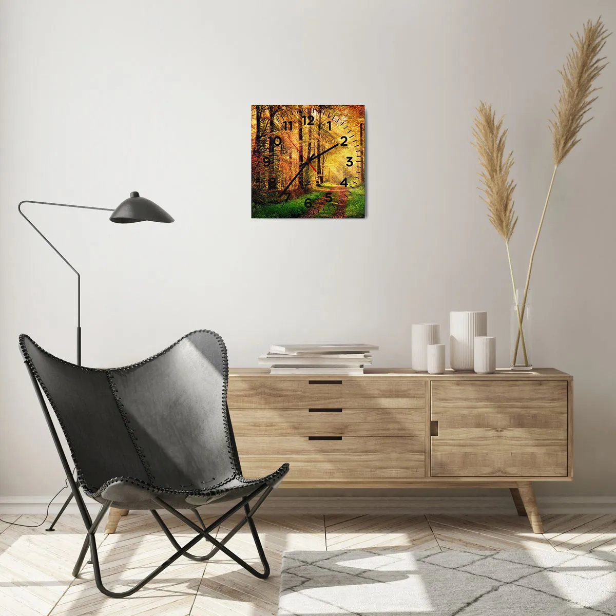 Wall clock - Clock on glass - Forest Golden silence - 30x30 cm