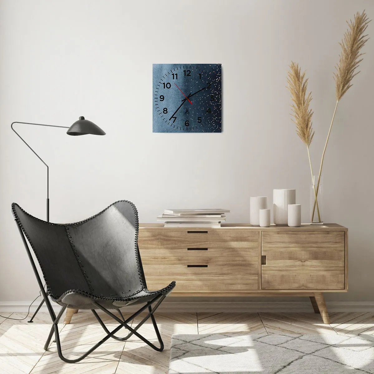 Ceas de perete - Ceas pe sticlă - Compoziție - faze albastre - 30x30 cm