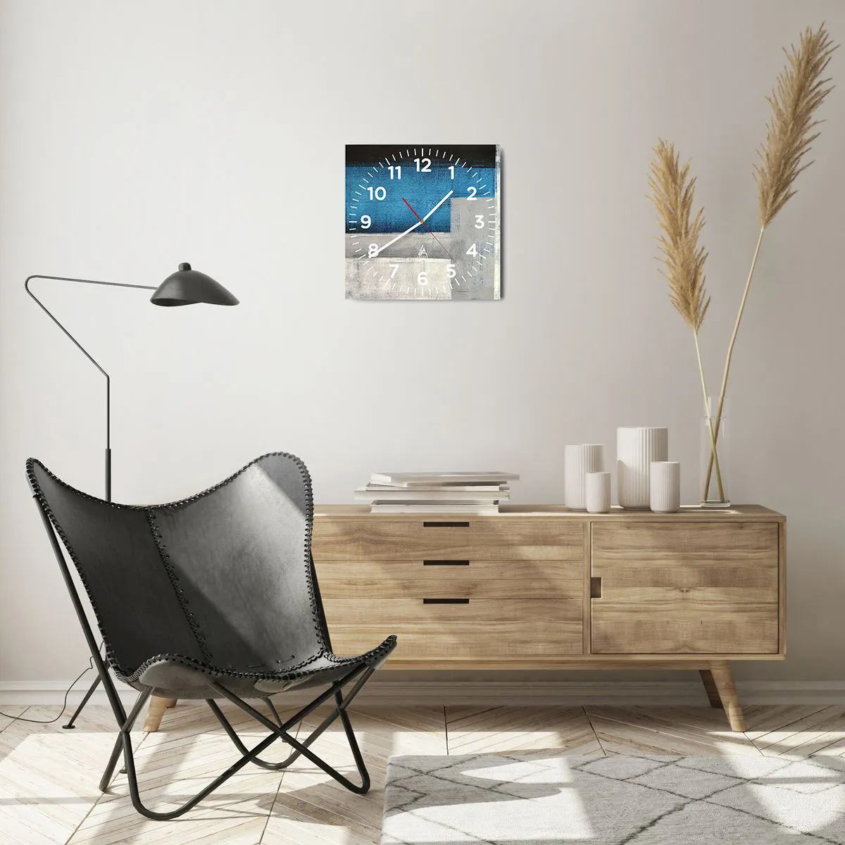 Ceas de perete - Ceas pe sticlă - Compoziție poetică de gri și albastru - 30x30 cm