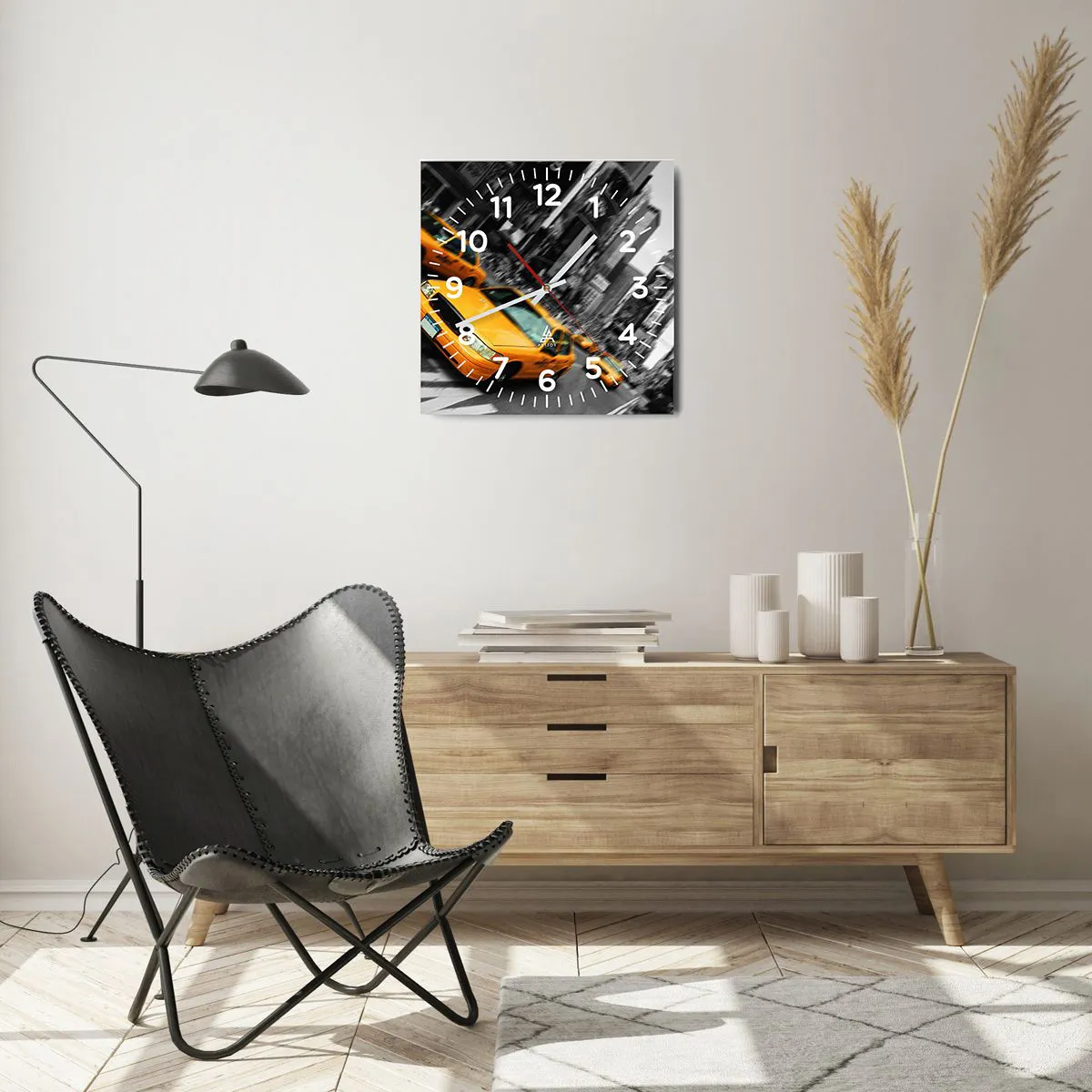 Ceas de perete - Ceas pe sticlă - Picături de soare la New York - 40x40 cm