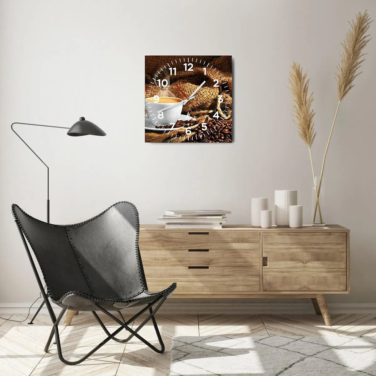 Wall clock - Clock on glass - Smell of a Mocha and Density of a Honey Drink - 40x40 cm