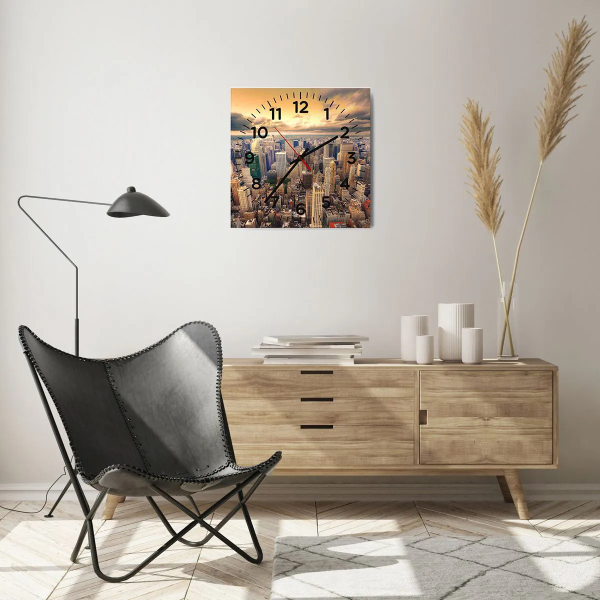 Relógio de parede - Relógio em vidro - Metrópole dourada - 40x40 cm