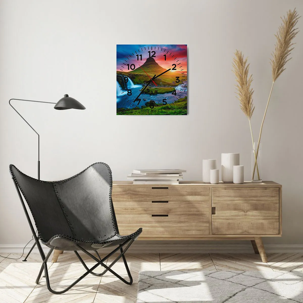 Relógio de parede - Relógio em vidro - Islândia - fogo e água - 40x40 cm