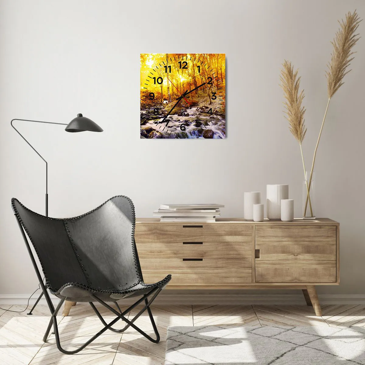 Ceas de perete - Ceas pe sticlă - Pietre montate în aur și platină - 40x40 cm