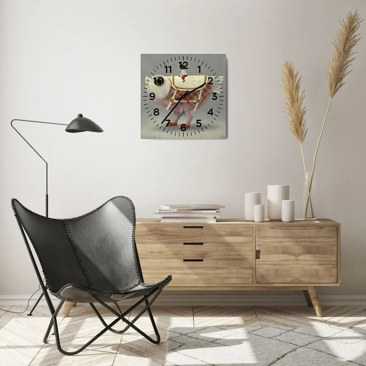 Wall clock - Clock on glass - Fish Jockey - 40x40 cm