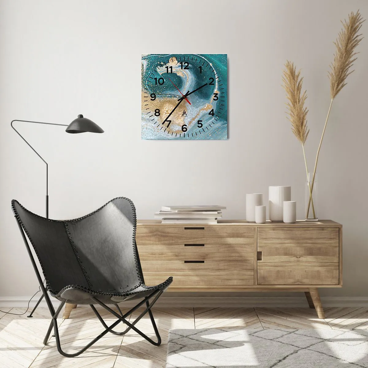 Wanduhr - Glasuhr - Ein Strudel aus Gold und Türkis - 40x40 cm