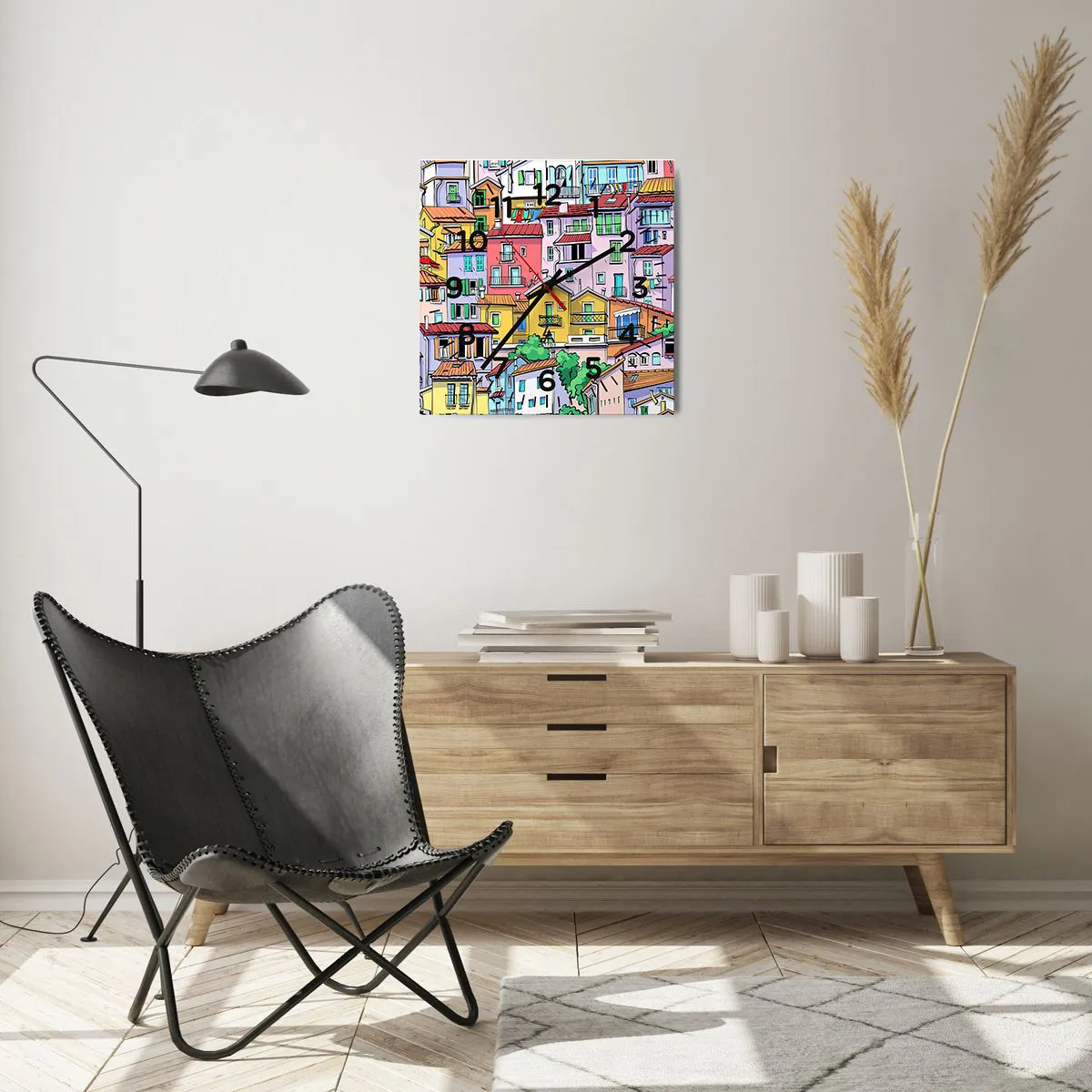 Wanduhr - Glasuhr - Lustige Stadt - 40x40 cm