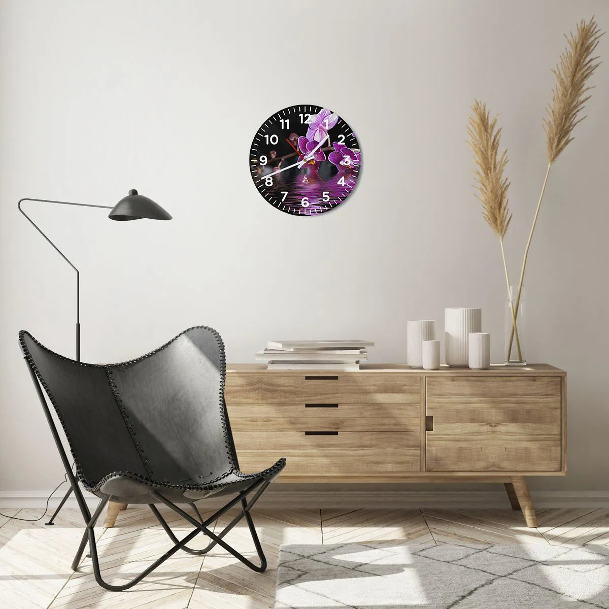 Ceas de perete - Ceas pe sticlă - Reflecție de frumusețe în liliac - 30x30 cm