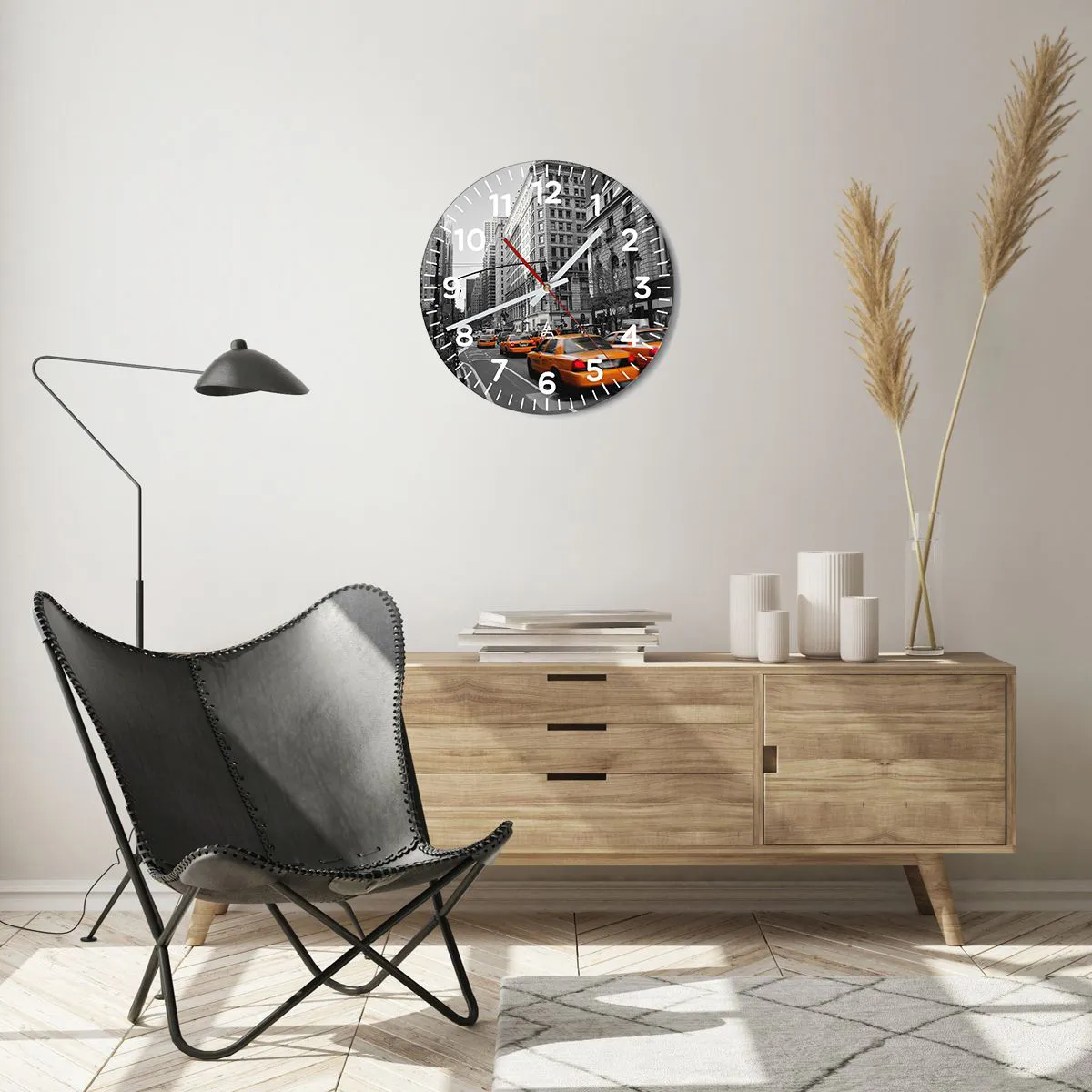 Ceas de perete - Ceas pe sticlă - Soarele marelui oraș - 40x40 cm