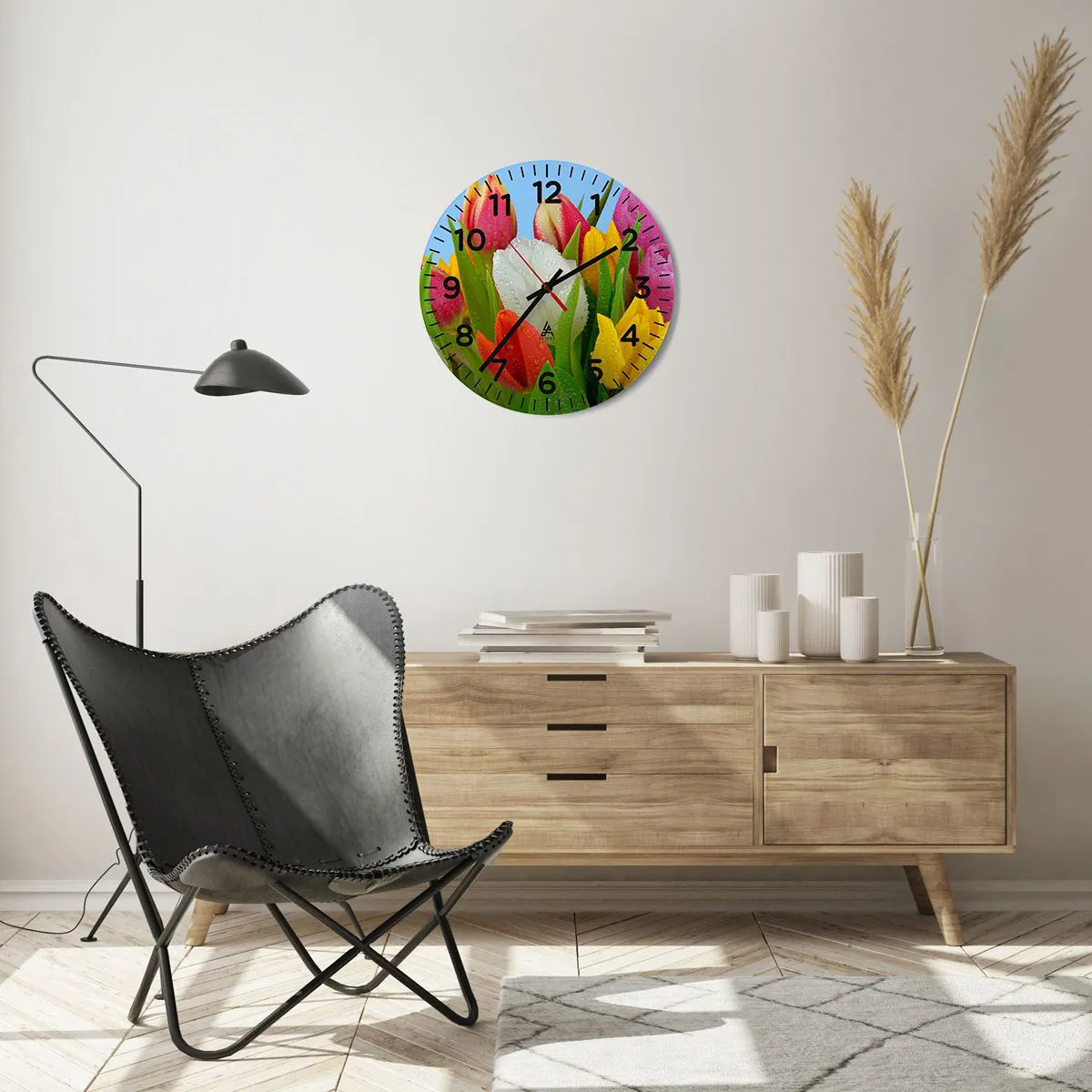 Ceas de perete - Ceas pe sticlă - Un curcubeu floral în picături de rouă - 40x40 cm