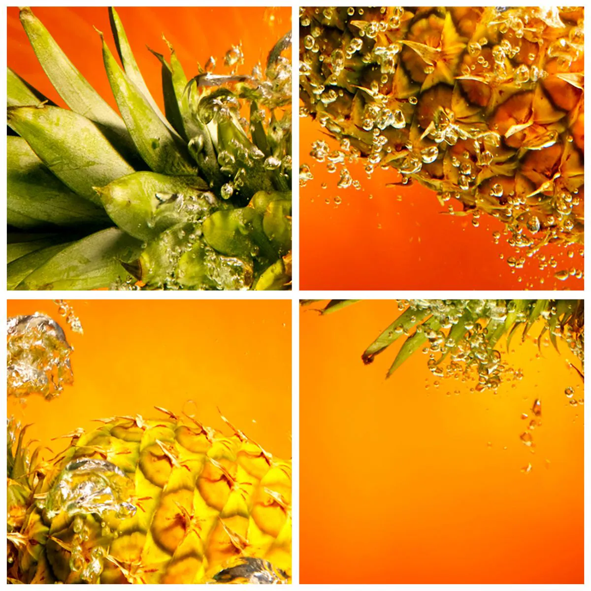 Wanduhr - Glasuhr - Eine in Wasser getauchte Ananas vor einem orangefarbenen Hintergrund mit Farbverlauf. - 30x30cm - Tropisch saftige Frische - Moderne Wanddekoration für Wohnzimmer, Küche und Schlafzimmer ARTTOR