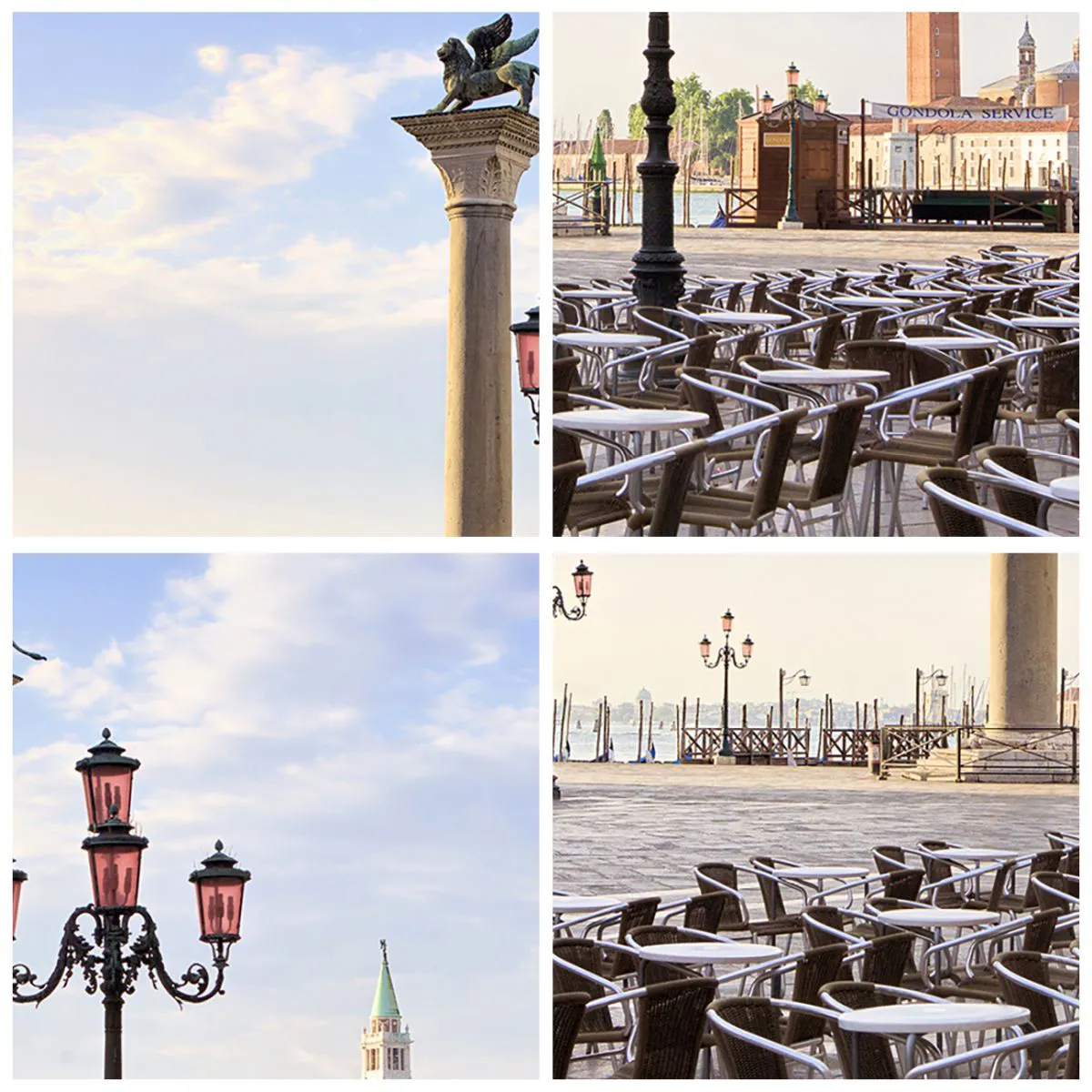 Reloj de pared - Reloj de vidrio - Venecia, vista de la plaza con columnas y mesas de café. - 30x30cm - Vamos, todo está listo - Decoración de pared moderna para salón y dormitorio ARTTOR