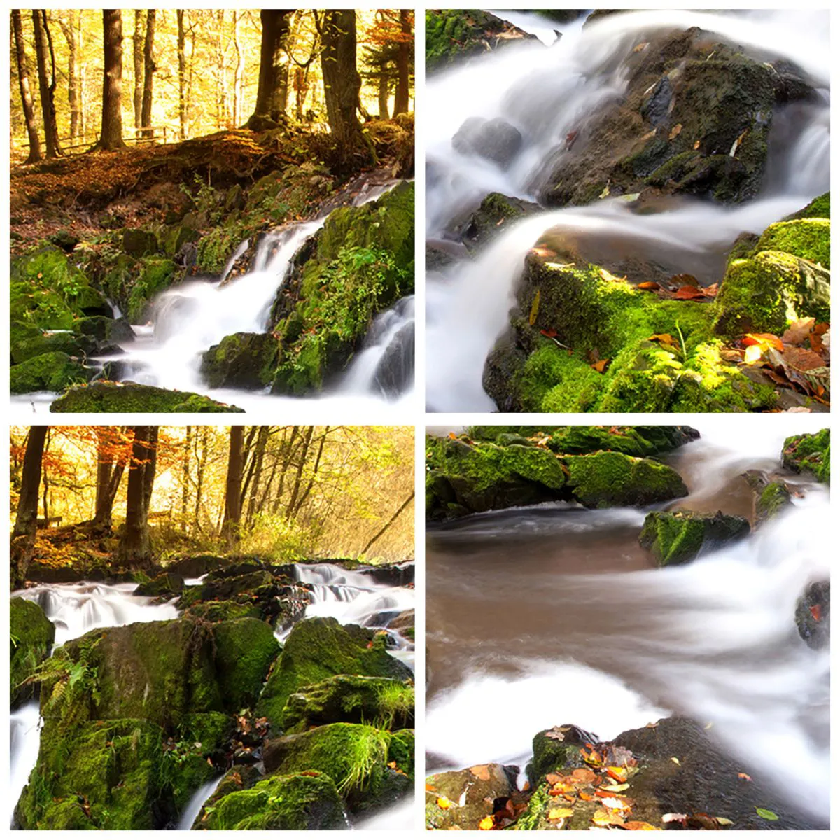 Vægur, Uret - Efterårsskov med en bæk og grønne lav på klipperne - 30x30cm - Bystrøm gennem efterårsskoven - Moderne vægdekoration til stue, køkken og soveværelse ARTTOR