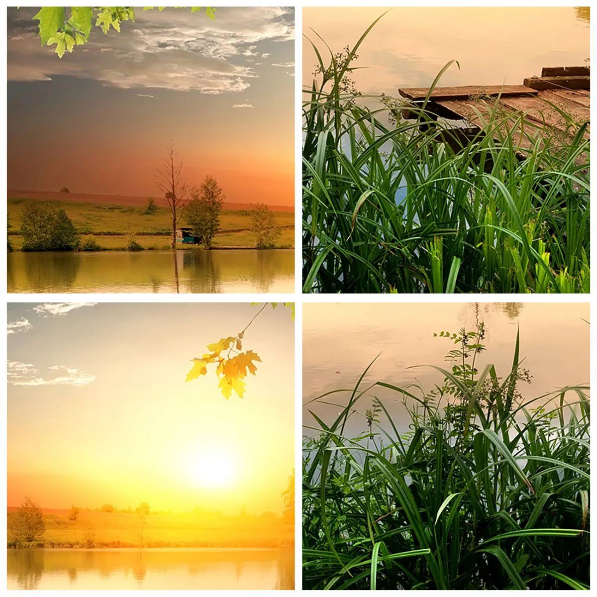 Nástěnné hodiny - Malebný výhled na jezero při západu slunce - 30x30cm - Krajina v zeleném rámu - Moderní nástěnná dekorace do obývacího pokoje, kuchyně a ložnice ARTTOR