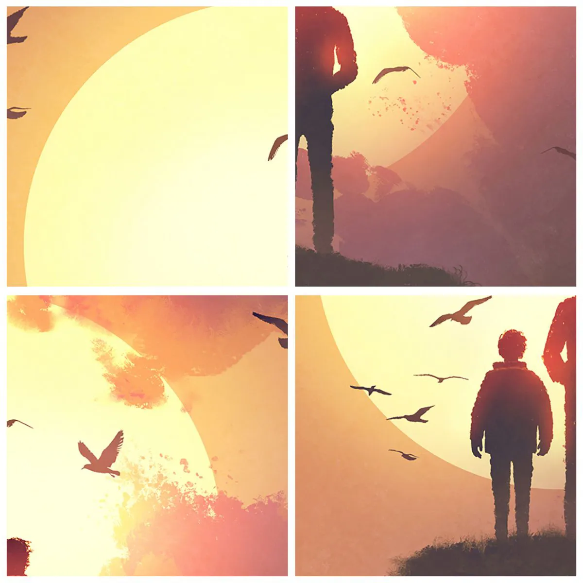 Wall clock - Clock on glass - Figures against the backdrop of the setting sun and birds - 30x30cm - Face to Face with the Sun - Modern wall decoration for the living room, kitchen, and bedroom ARTTOR