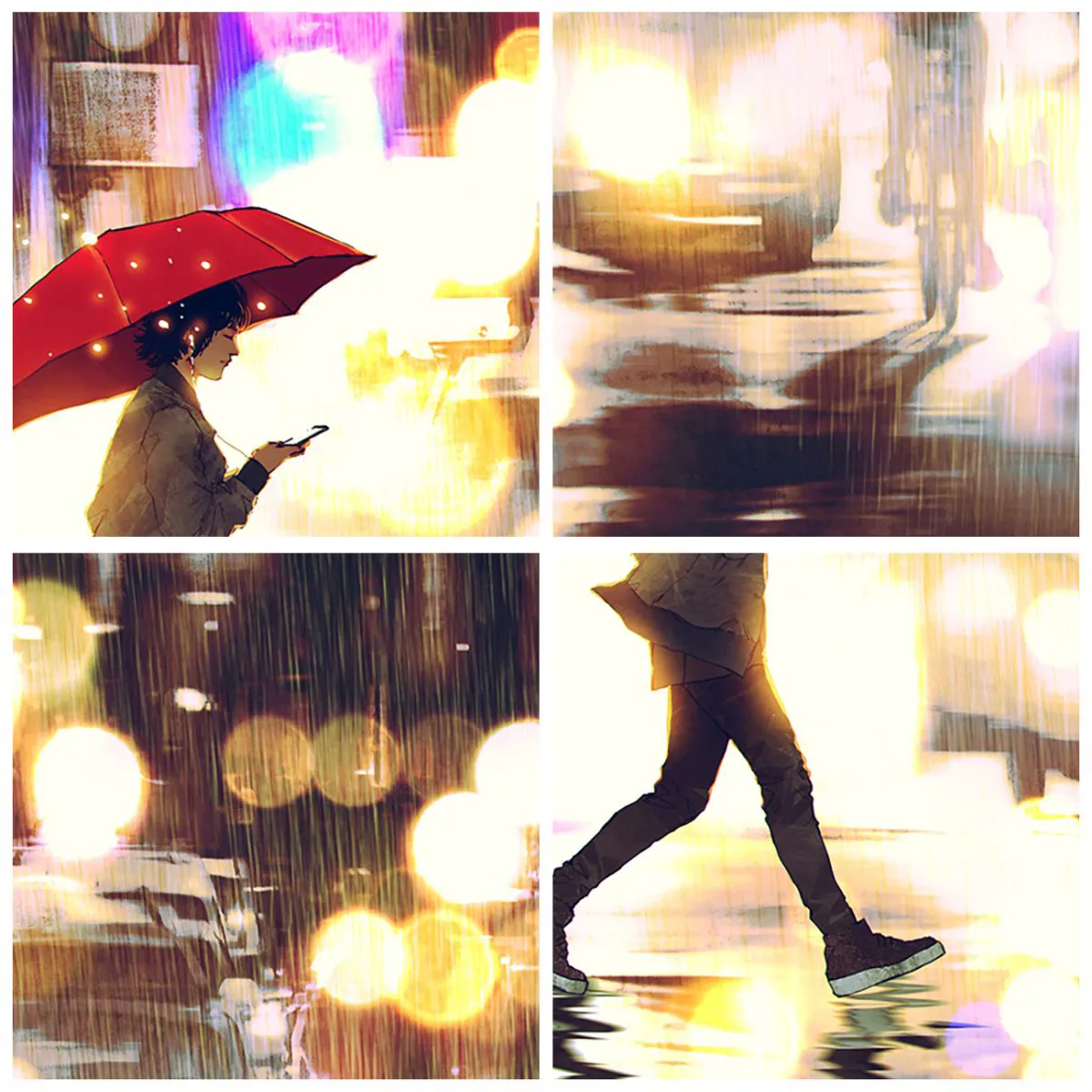 Ceas de perete - Ceas pe sticlă - figură cu o umbrelă roșie pe fundalul luminilor nocturne ale orașului - 30x30cm - Și totuși este însorită - Decorațiune modernă pentru perete pentru living, bucătărie și dormitor ARTTOR