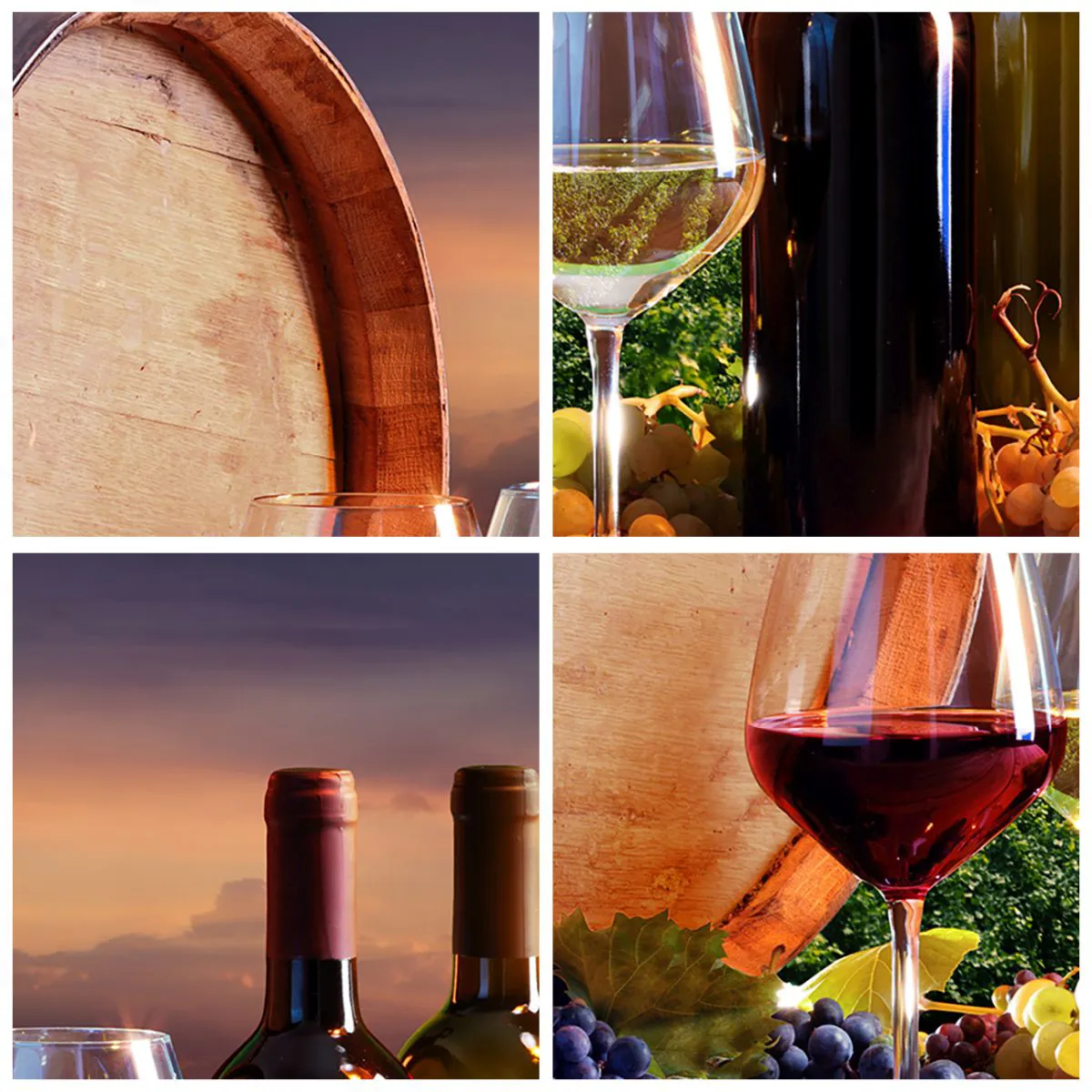 Nástěnné hodiny - Víno, sklenice a sud na pozadí zapadajícího slunce - 30x30cm - Tady má život chuť - Moderní nástěnná dekorace do obývacího pokoje, kuchyně a ložnice ARTTOR