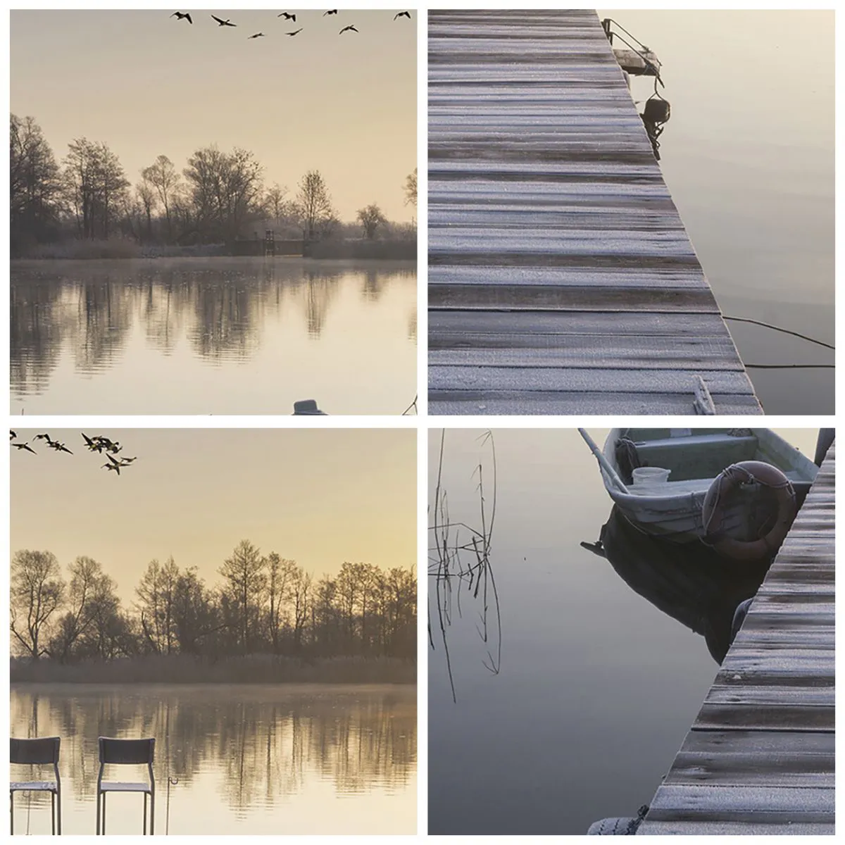 Horloge murale - Pendule murale - Une jetée au bord du lac le matin avec un bateau et des chaises - 30x30cm - Je reviendrai - Décoration murale moderne pour le salon et la chambre ARTTOR