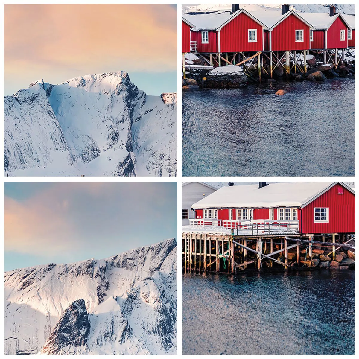 Vægur, Uret - Røde huse mod baggrunden af snedækkede bjerge og havet - 30x30cm - Nordlig tilbagetrækning - Moderne vægdekoration til stue, køkken og soveværelse ARTTOR