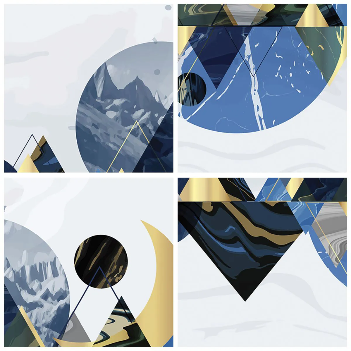 Falióra, Óra - Absztrakt hegyi táj geometrikus formákkal kék és arany árnyalatokban. - 30x30cm - Geometriai táj - Modern fali dekoráció nappalihoz, konyhához és hálószobához ARTTOR