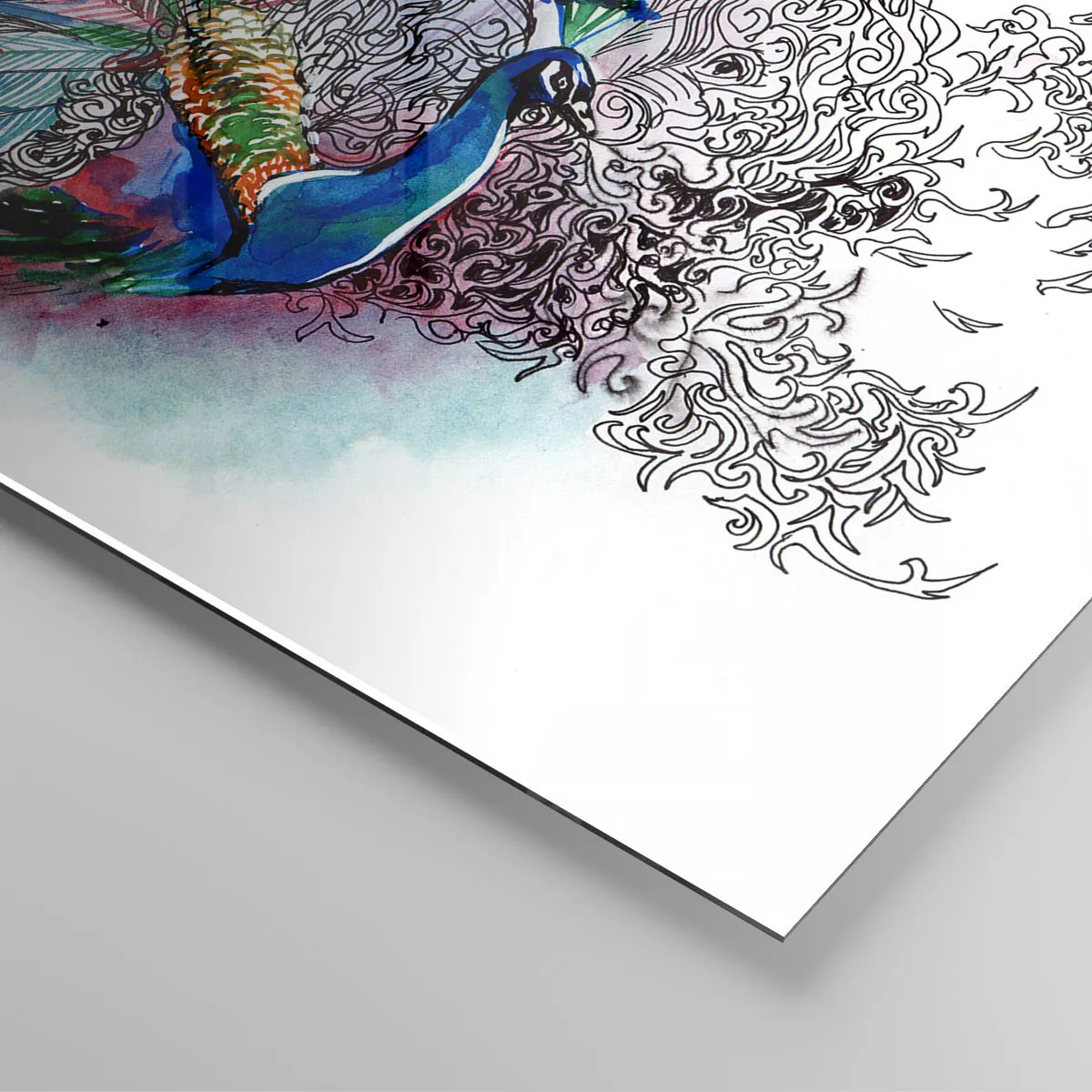 Cuadro sobre vidrio - Impresiones sobre Vidrio - Pavo real colorido en un estilo artístico de acuarela. - 70x50cm - Con orgullo contra el gris - Decoración de pared moderna para salón y dormitorio ARTTOR