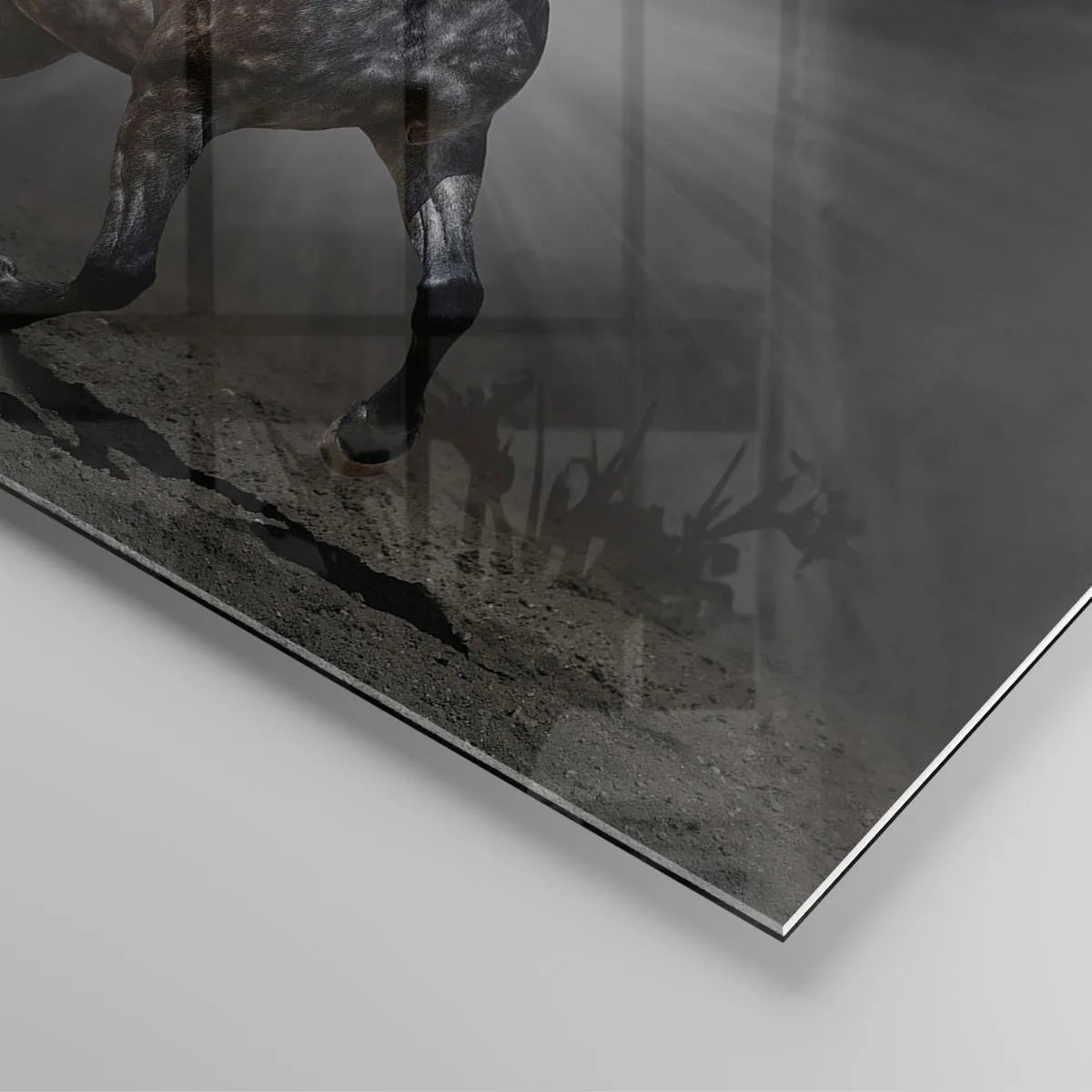 Glass picture - A galloping horse against a dark background with a lighting effect. - 70x50cm - Grey Is Beautiful - Modern wall decoration for the living room and bedroom ARTTOR
