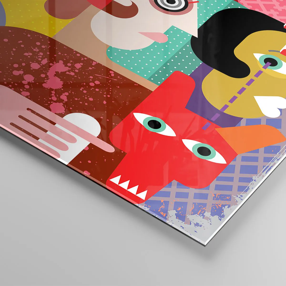 Tablou pe sticlă - Compoziție abstractă de fețe în culori vii - 70x50cm - Am venit de la domnul Picasso - Decorațiune modernă pentru perete pentru living și dormitor ARTTOR